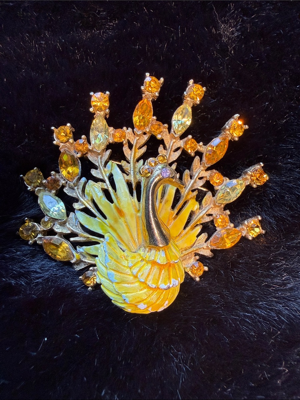 Vintage Yellow Gold Peacock Brooch with Amber Rhinestones